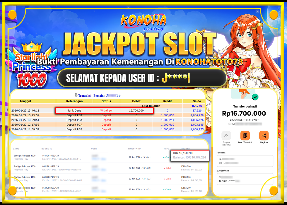 KONOHATOTO78 JACKPOT STARLIGHT PRINCESS 1000 Rp16.700.000, - LUNAS